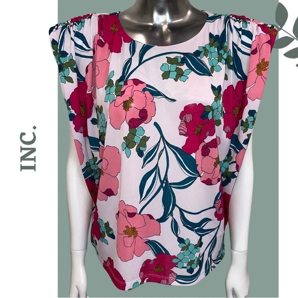 🛍️3/$40 INC International Concepts Womens Floral Pink Top Extended Shoulder L XL